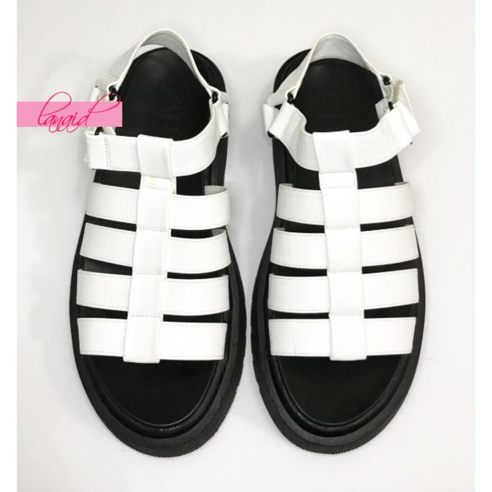 Zara Thick Sole Fisherman Sandals White Black Chunky Cut-Outs Strappy Flats 9 - Picture 6 of 15